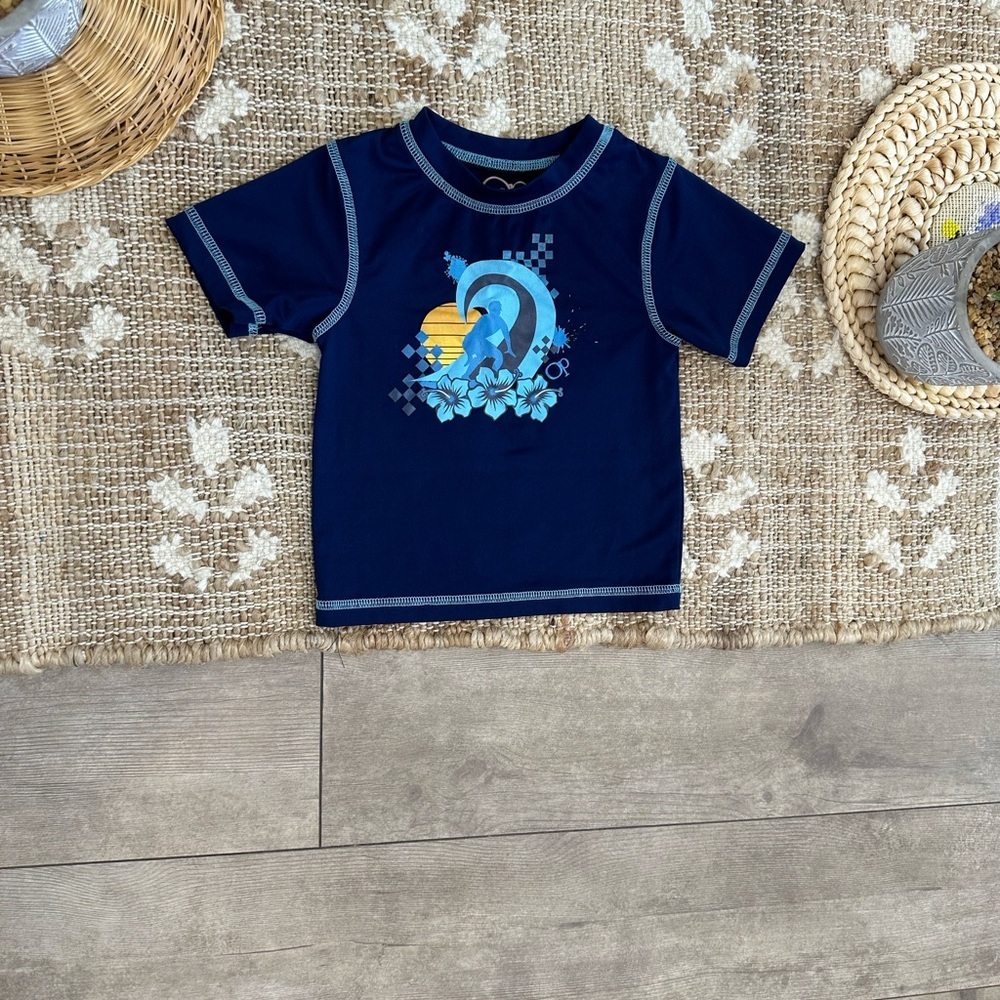 OP Baby Toddler Boy Navy Blue Surfing Graphic Swim Rash Guard Short Sleeve Shirt - Picture 9 of 10